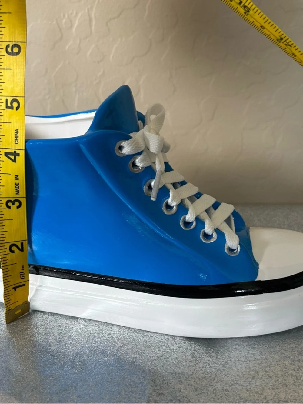 Decor! Ceramic Blue High-Top Sneaker w/ White Laces decoration vase fun room EUC - Picture 8 of 8